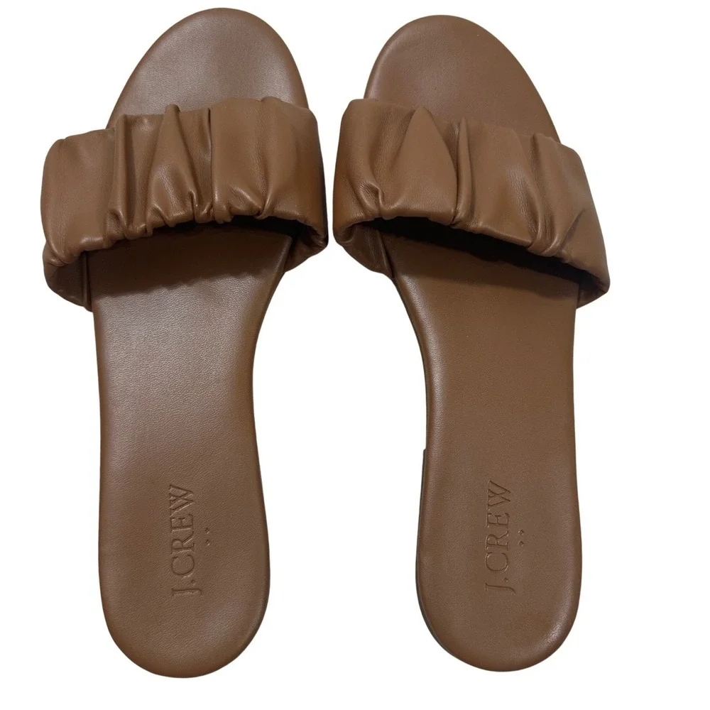 J.Crew Ruched Slide Sandals Cognac Pleated Flat Slip On Shoes Womens 9.5